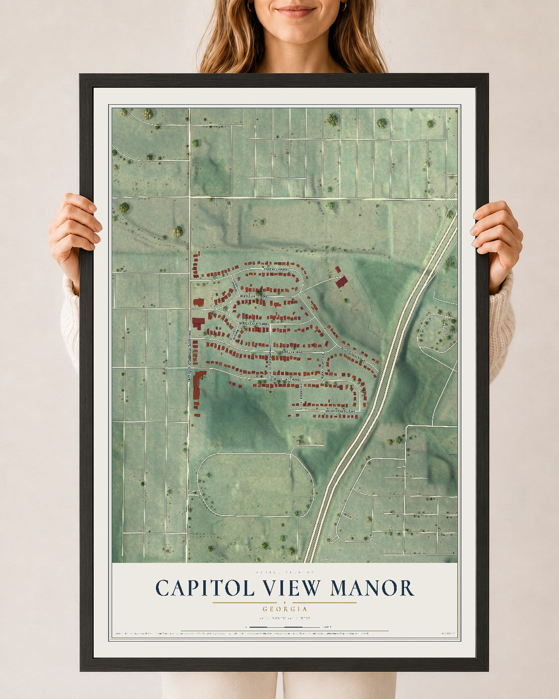 Capitol View Manor, Georgia map print, 24" x 36" W/ Black Ayous Wood Frame mockup