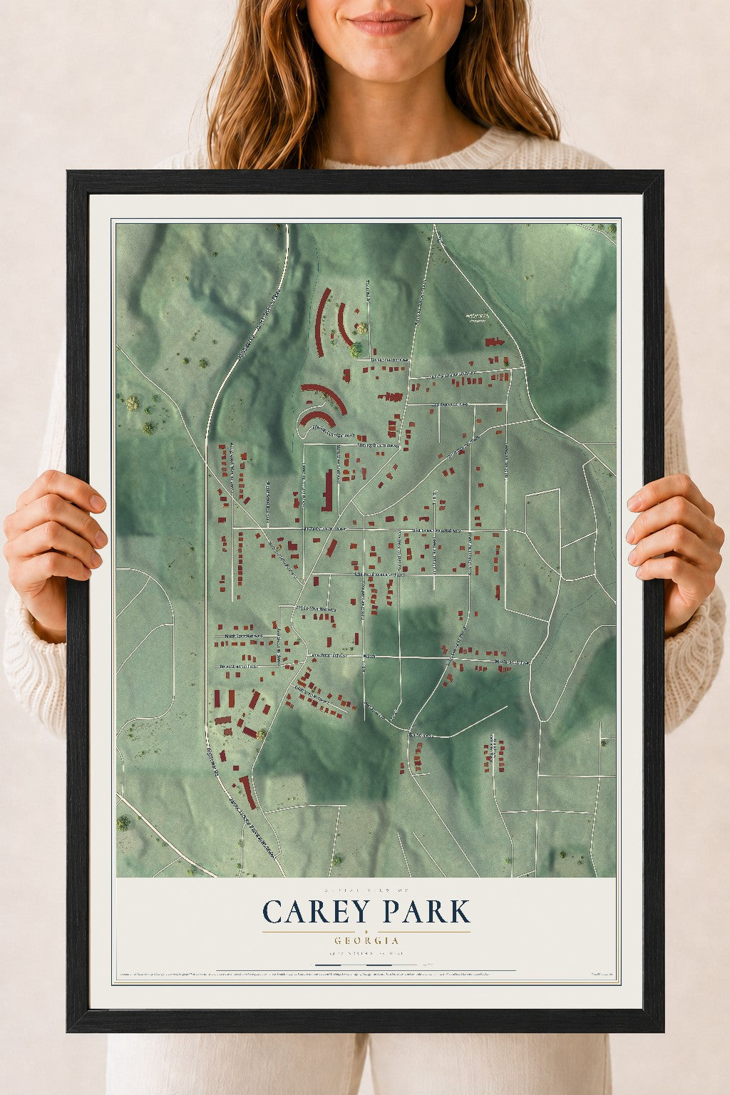Carey Park, Georgia map print, 18" x 24" W/ Black Ayous Wood Frame mockup