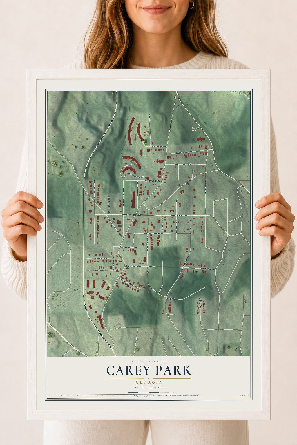 Carey Park, Georgia map print, 18" x 24" W/ White Ayous Wood Frame mockup
