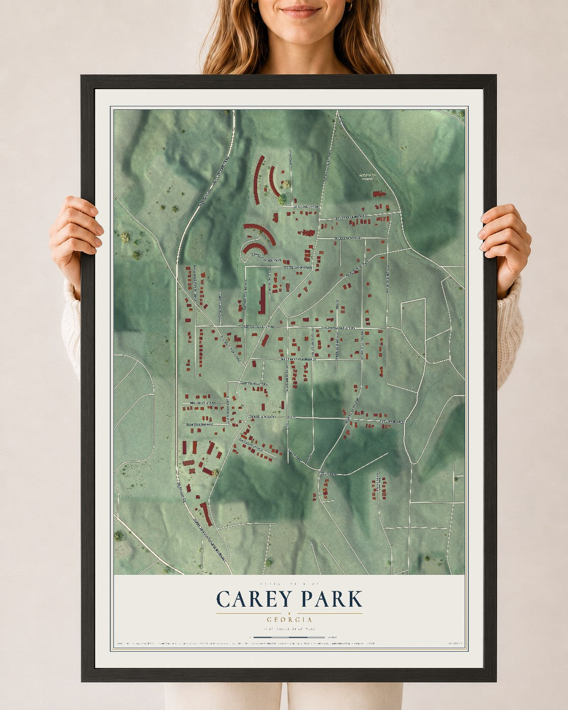 Carey Park, Georgia map print, 24" x 36" W/ Black Ayous Wood Frame mockup