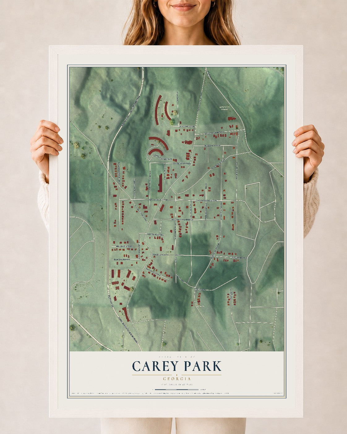 Carey Park, Georgia map print, 24" x 36" W/ White Ayous Wood Frame mockup