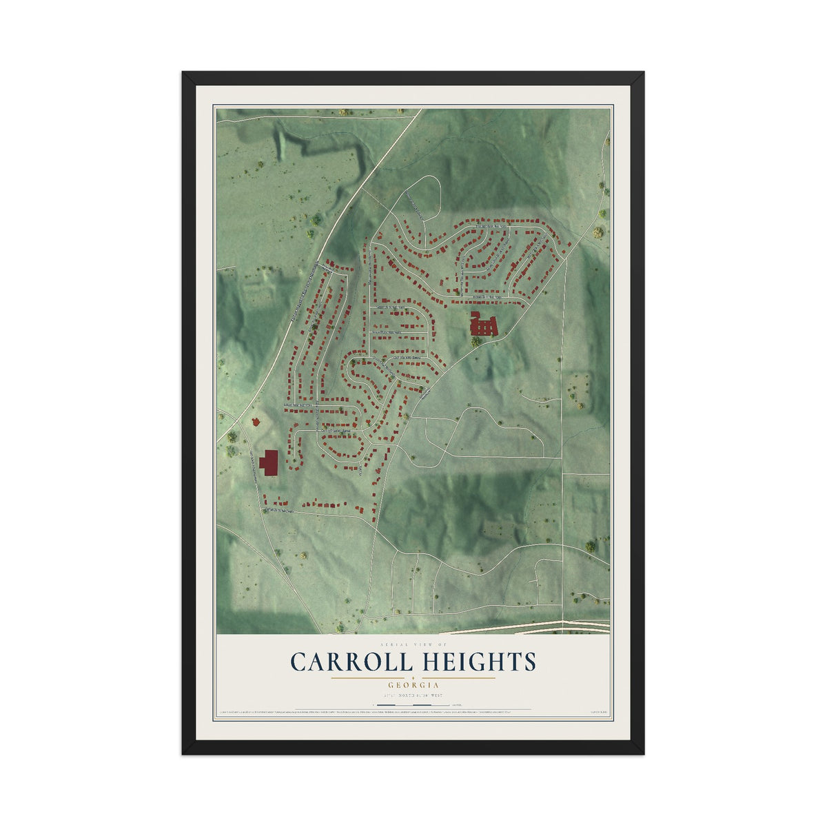 Carroll Heights, Georgia map print, 12" x 18" W/ Black Ayous Wood Frame mockup