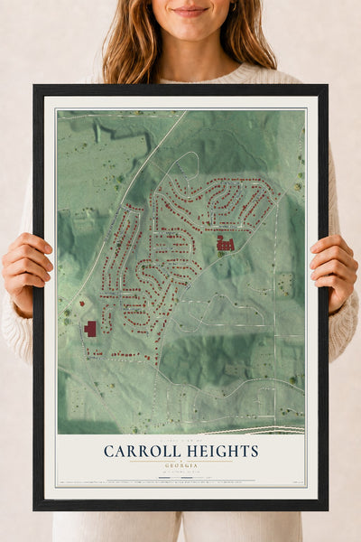 Carroll Heights, Georgia map print, 18" x 24" W/ Black Ayous Wood Frame mockup
