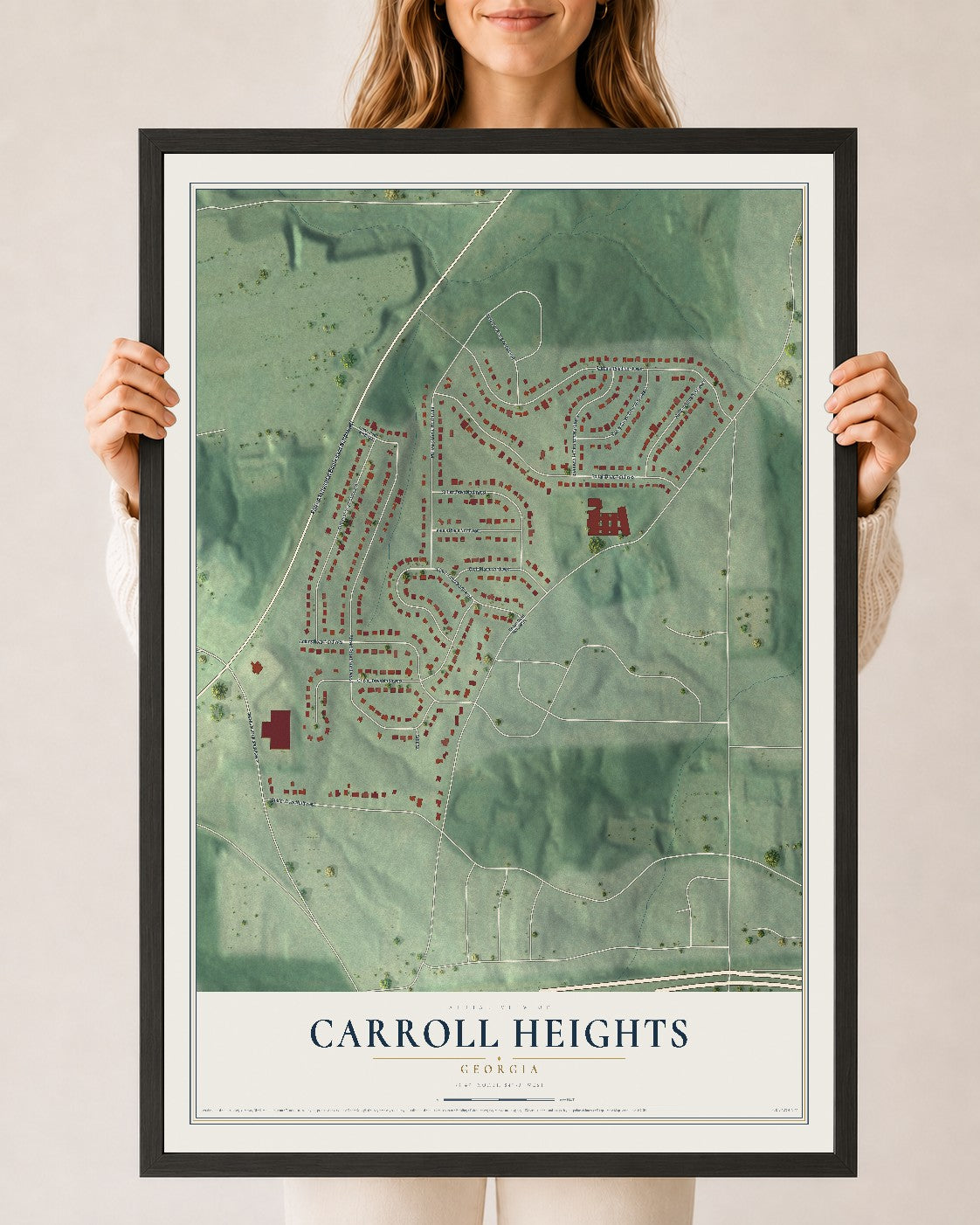 Carroll Heights, Georgia map print, 24" x 36" W/ Black Ayous Wood Frame mockup