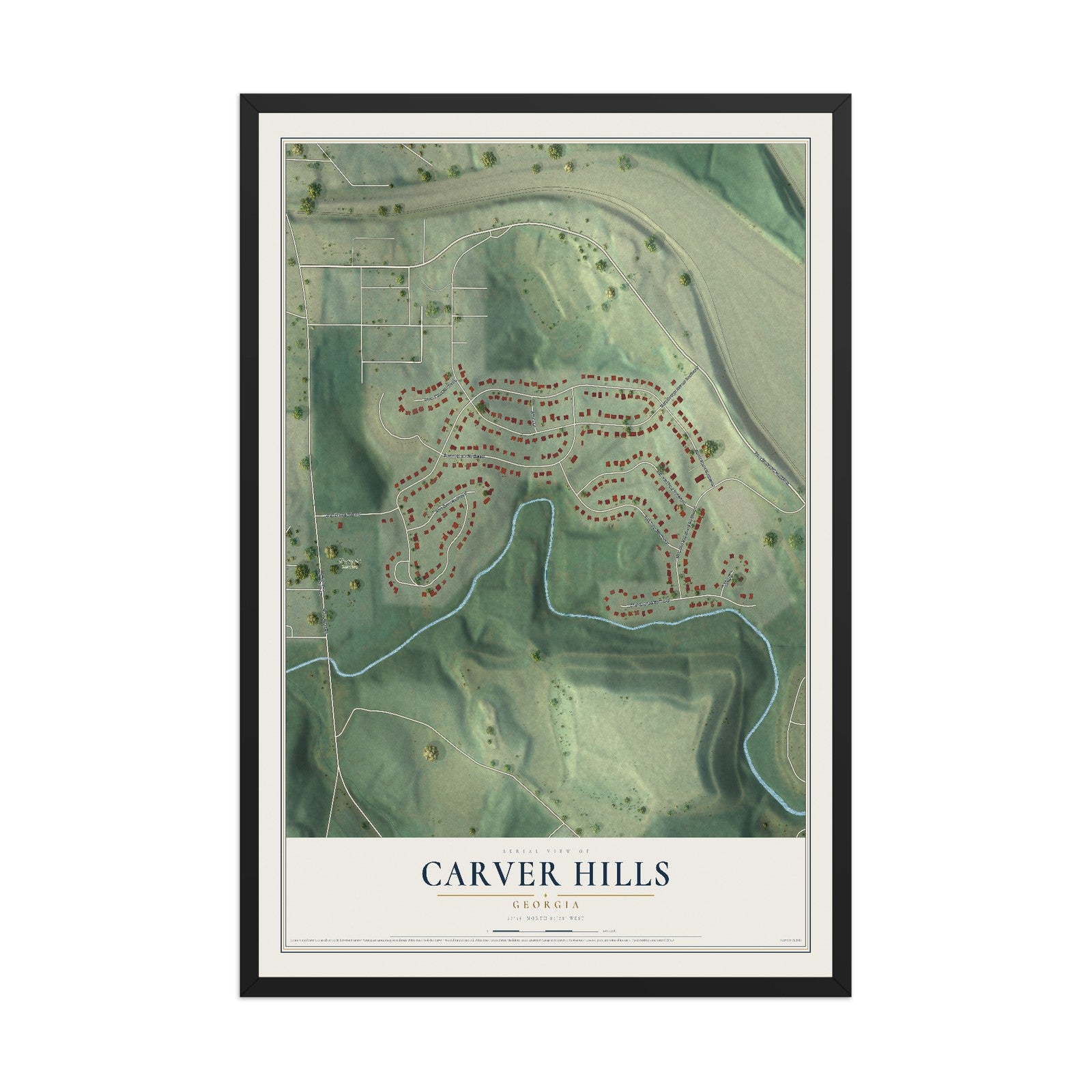 Carver Hills, Georgia map print, 12" x 18" W/ Black Ayous Wood Frame mockup