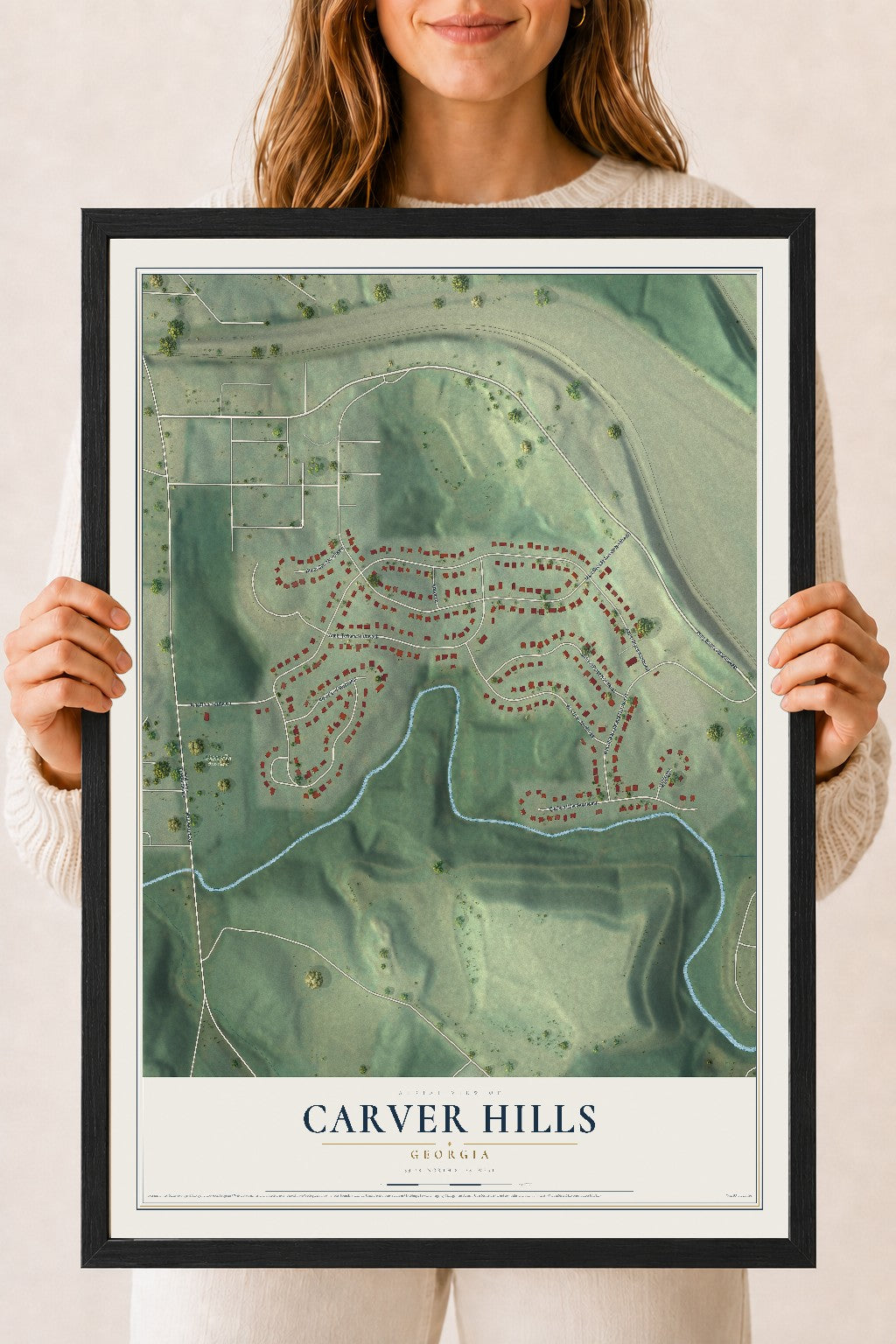 Carver Hills, Georgia map print, 18" x 24" W/ Black Ayous Wood Frame mockup