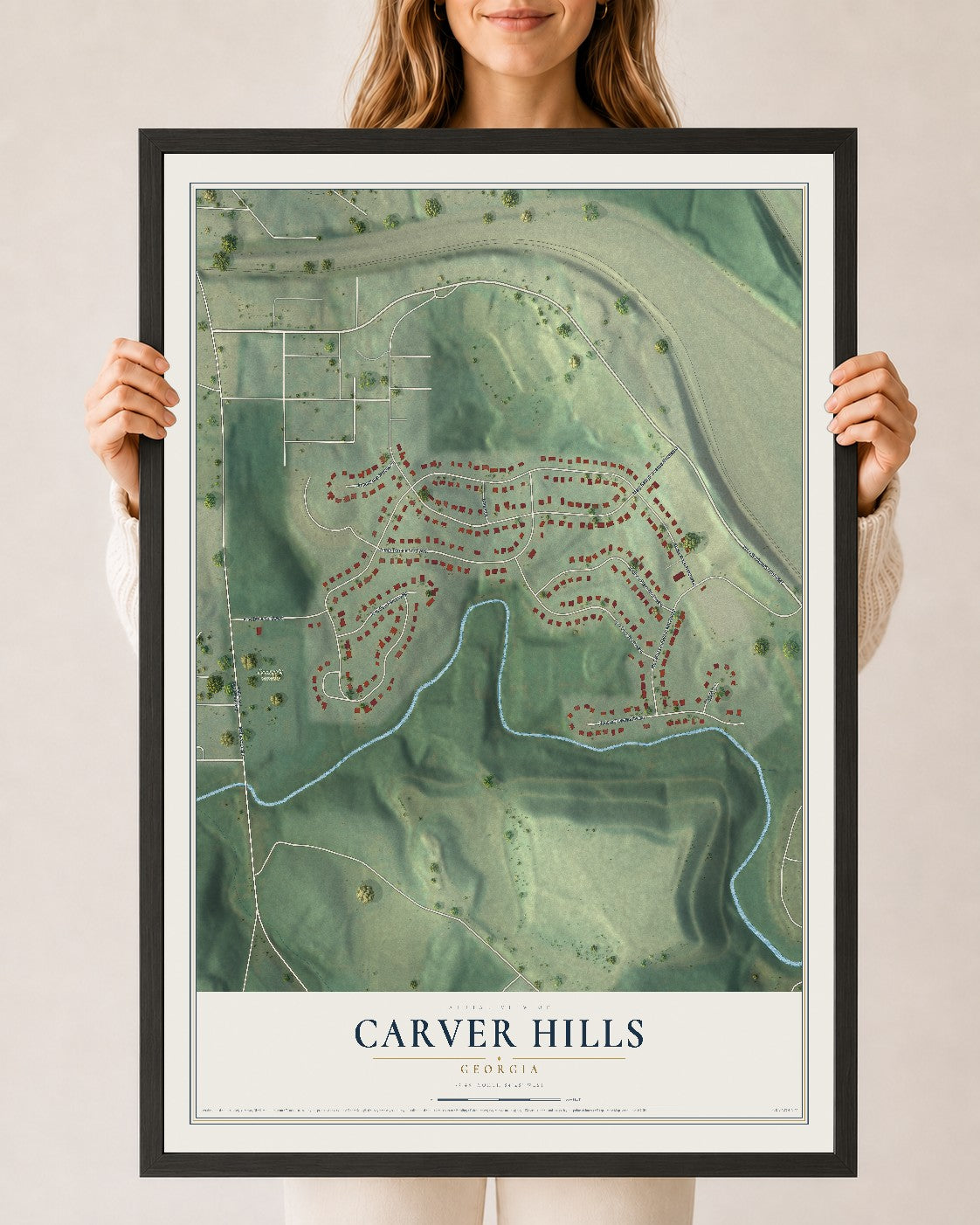 Carver Hills, Georgia map print, 24" x 36" W/ Black Ayous Wood Frame mockup