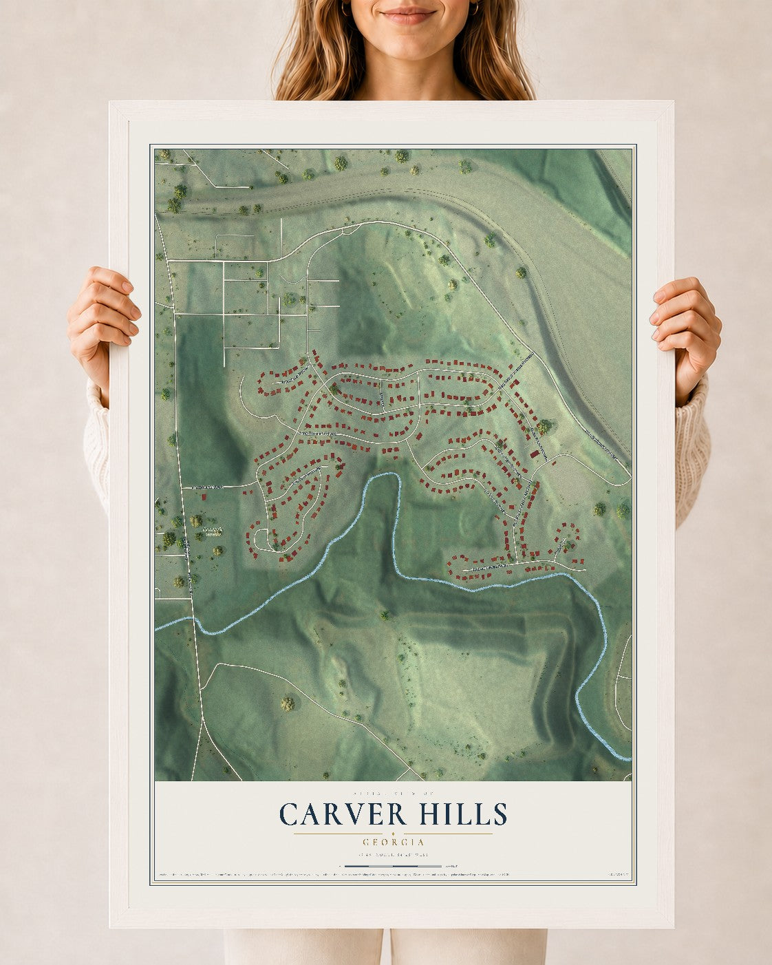 Carver Hills, Georgia map print, 24" x 36" W/ White Ayous Wood Frame mockup