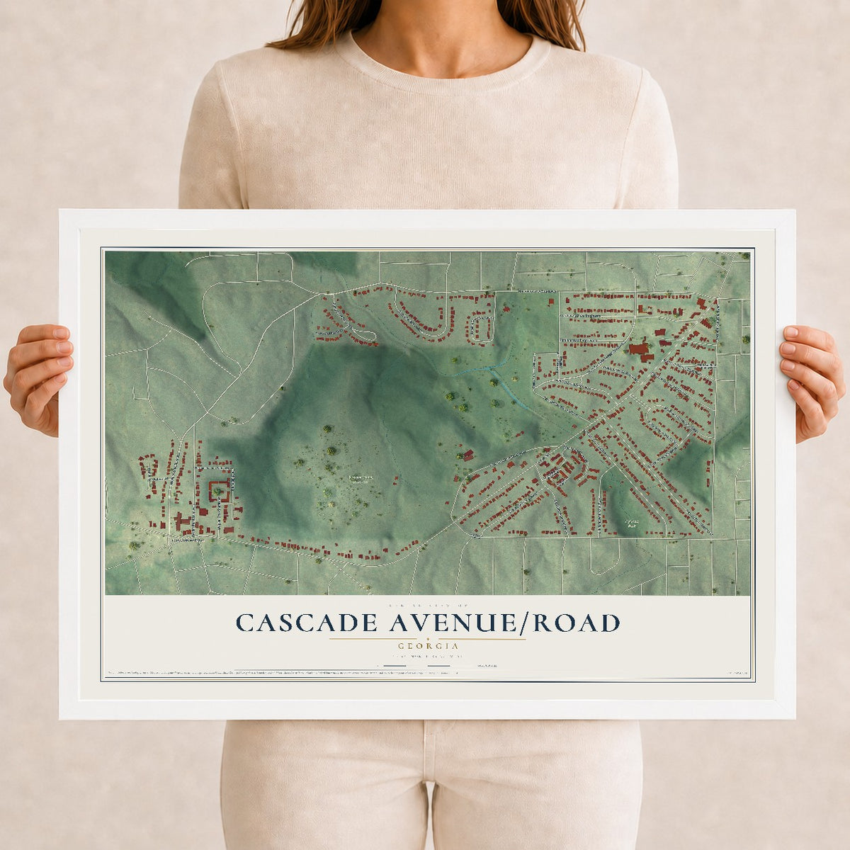 Cascade Avenue-Road, Georgia map print, 12" x 18" W/ White Ayous Wood Frame mockup