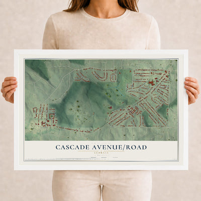 Cascade Avenue-Road, Georgia map print, 12" x 18" W/ White Ayous Wood Frame mockup