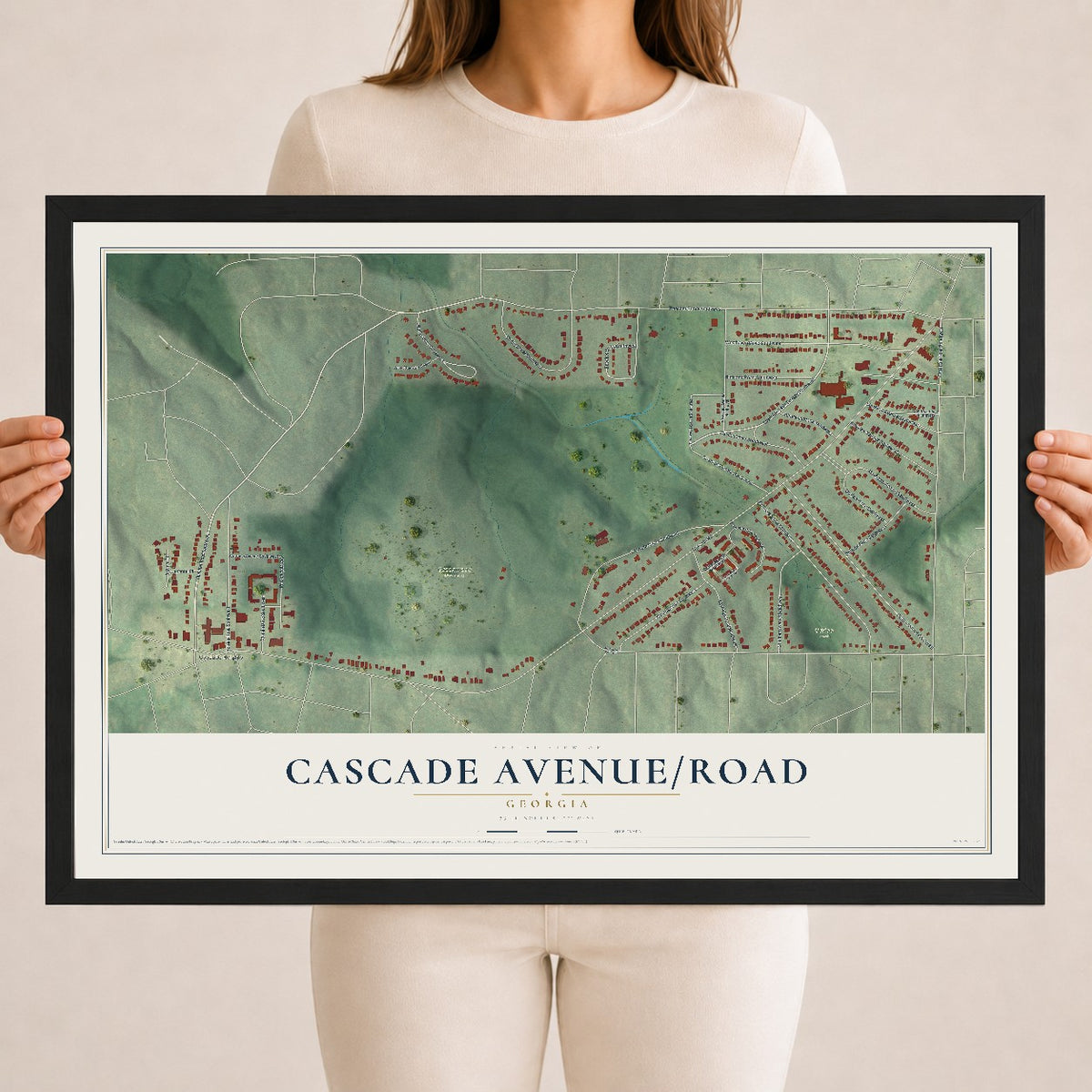 Cascade Avenue-Road, Georgia map print, 18" x 24" W/ Black Ayous Wood Frame mockup
