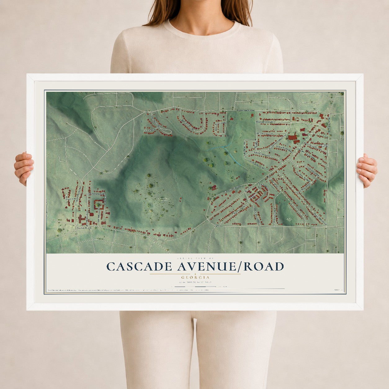 Cascade Avenue-Road, Georgia map print, 24" x 36" W/ White Ayous Wood Frame mockup