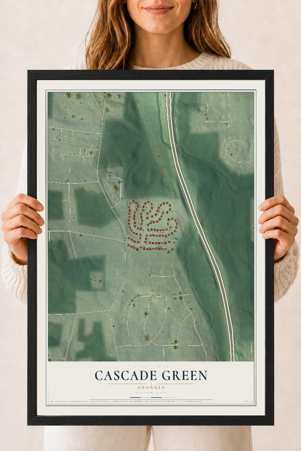 Cascade Green, Georgia map print, 18" x 24" W/ Black Ayous Wood Frame mockup