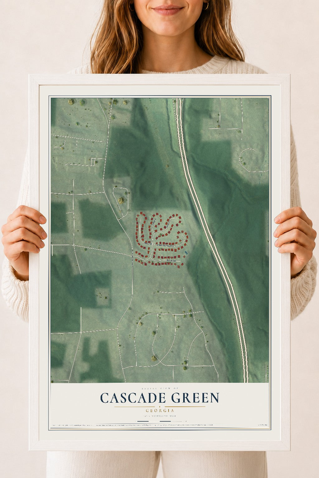 Cascade Green, Georgia map print, 18" x 24" W/ White Ayous Wood Frame mockup