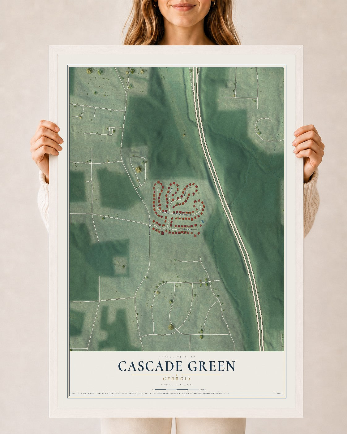 Cascade Green, Georgia map print, 24" x 36" W/ White Ayous Wood Frame mockup