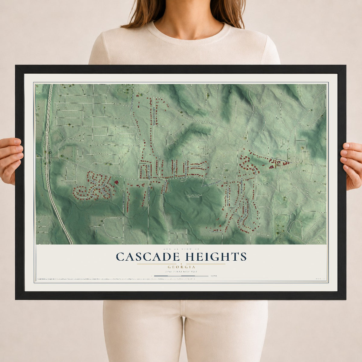 Cascade Heights, Georgia map print, 18" x 24" W/ Black Ayous Wood Frame mockup