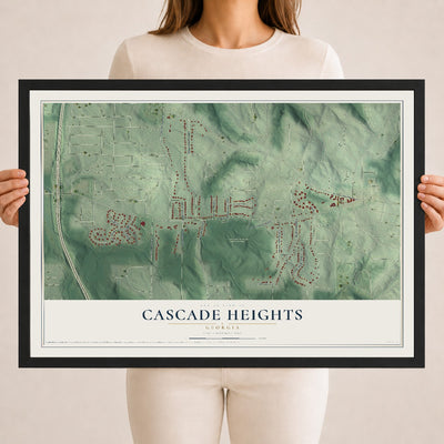 Cascade Heights, Georgia map print, 18" x 24" W/ Black Ayous Wood Frame mockup