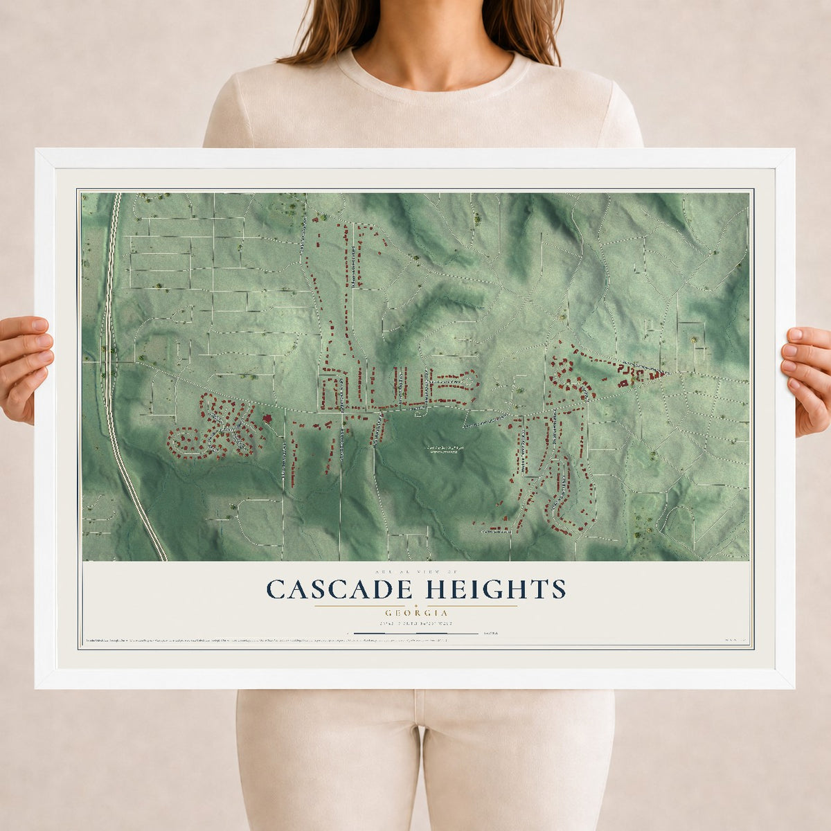 Cascade Heights, Georgia map print, 18" x 24" W/ White Ayous Wood Frame mockup
