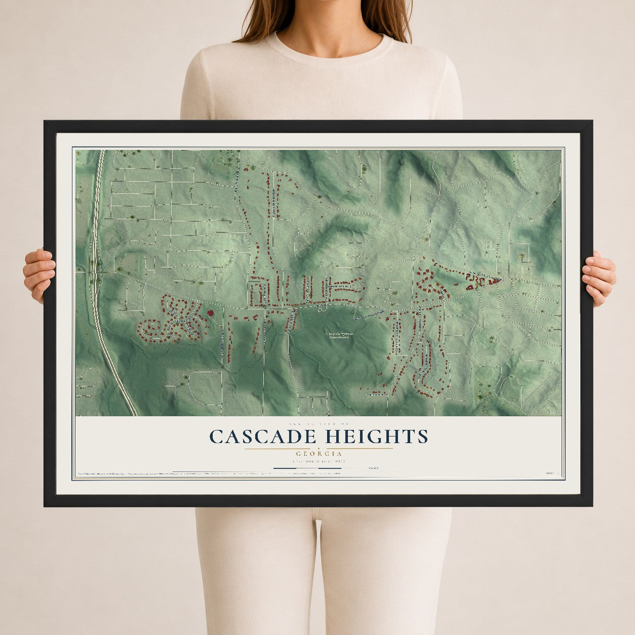 Cascade Heights, Georgia map print, 24" x 36" W/ Black Ayous Wood Frame mockup