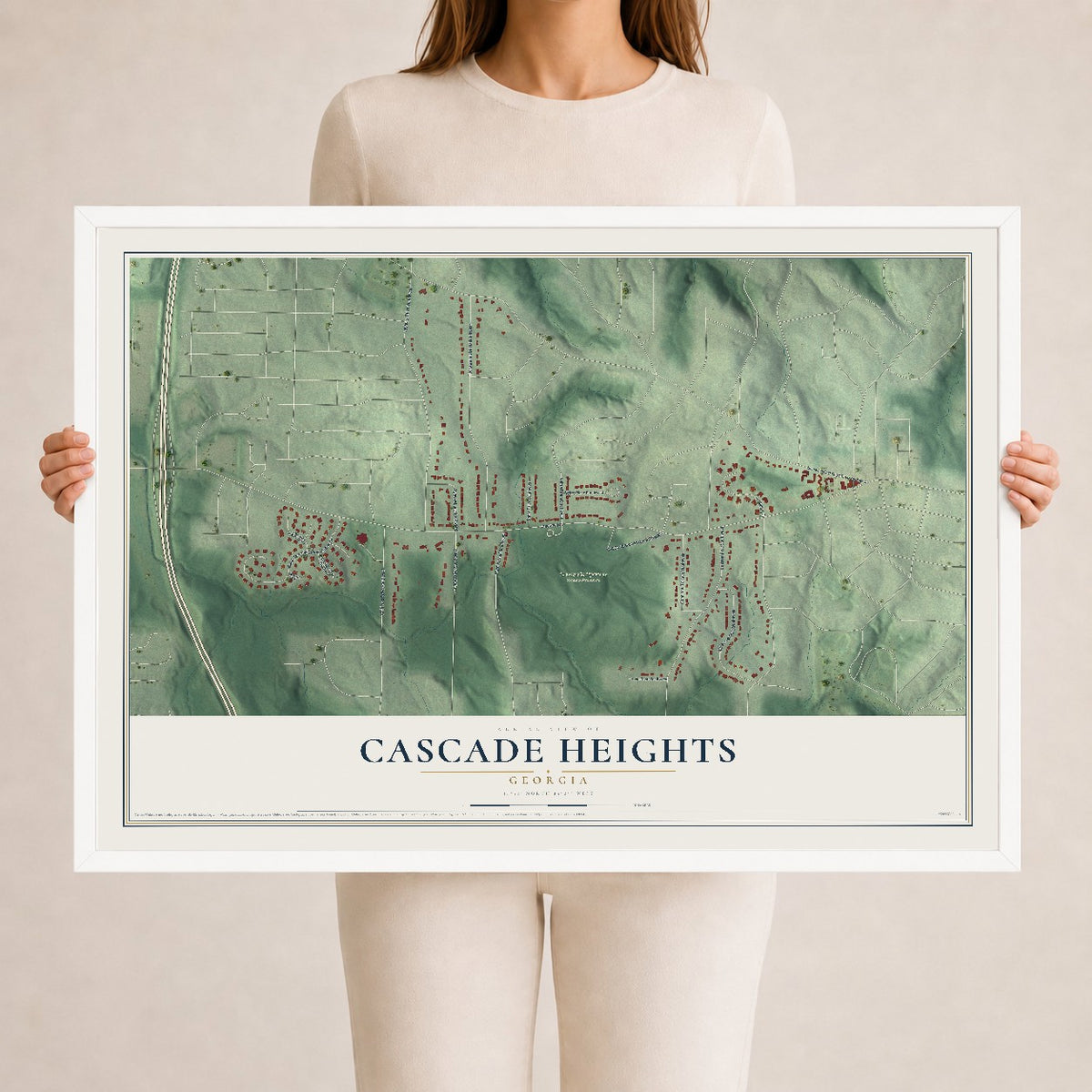 Cascade Heights, Georgia map print, 24" x 36" W/ White Ayous Wood Frame mockup