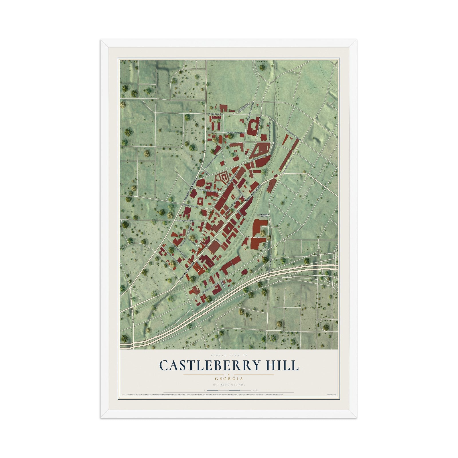 Castleberry Hill, Georgia map print, 12" x 18" W/ White Ayous Wood Frame mockup