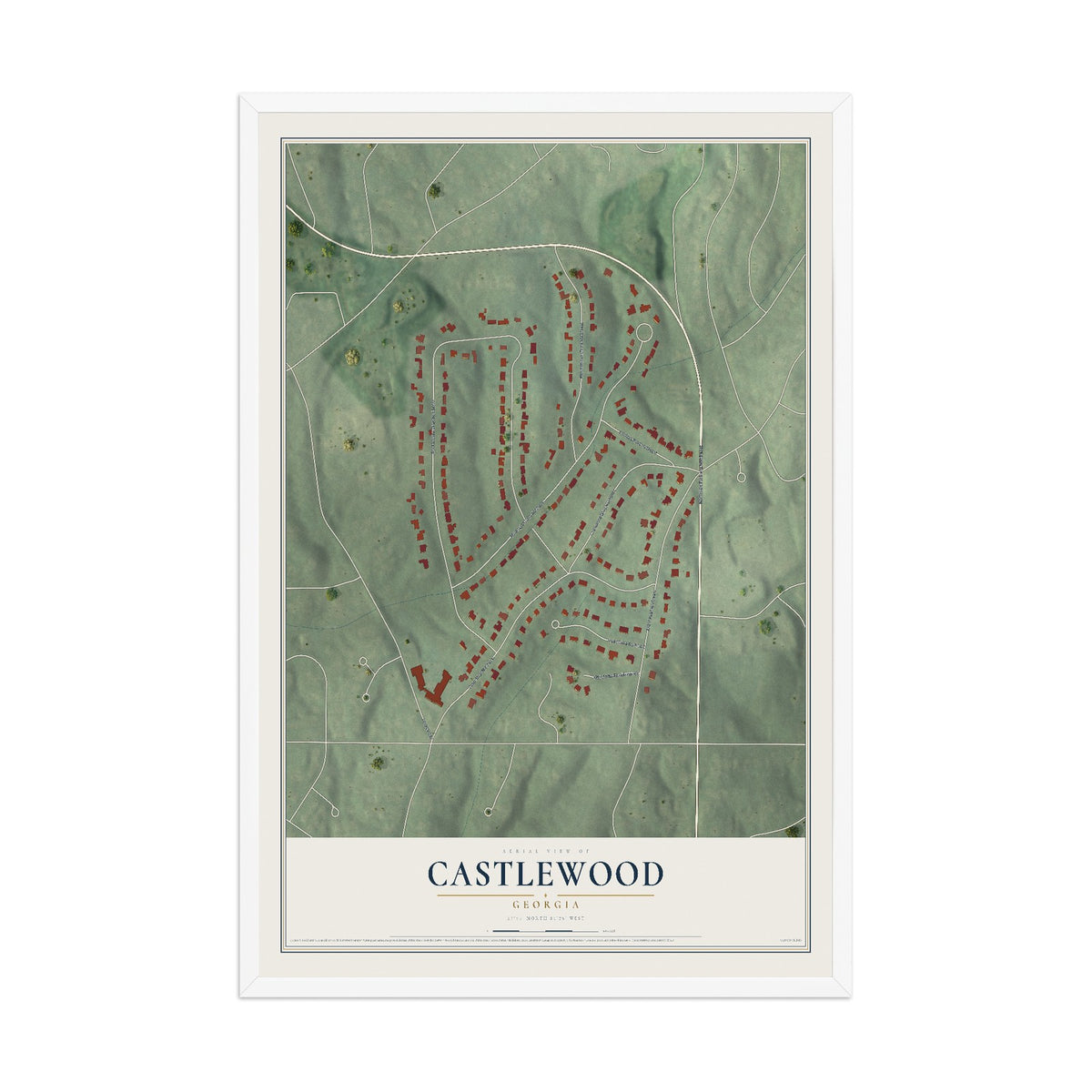 Castlewood, Georgia map print, 12" x 18" W/ White Ayous Wood Frame mockup