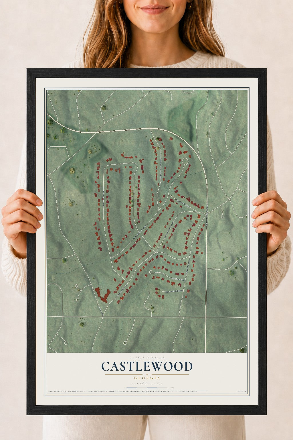 Castlewood, Georgia map print, 18" x 24" W/ Black Ayous Wood Frame mockup