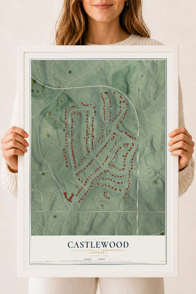 Castlewood, Georgia map print, 18" x 24" W/ White Ayous Wood Frame mockup