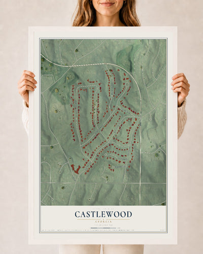 Castlewood, Georgia map print, 24" x 36" W/ White Ayous Wood Frame mockup