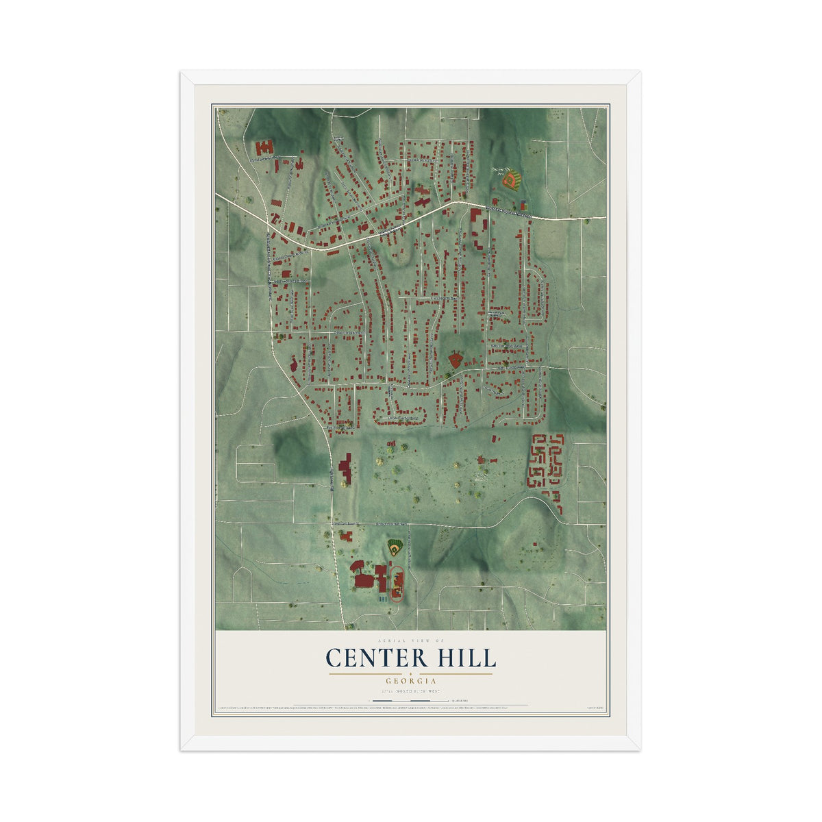 Center Hill, Georgia map print, 12" x 18" W/ White Ayous Wood Frame mockup