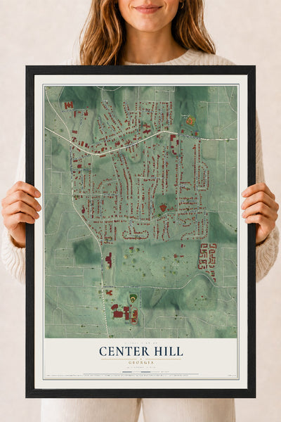 Center Hill, Georgia map print, 18" x 24" W/ Black Ayous Wood Frame mockup