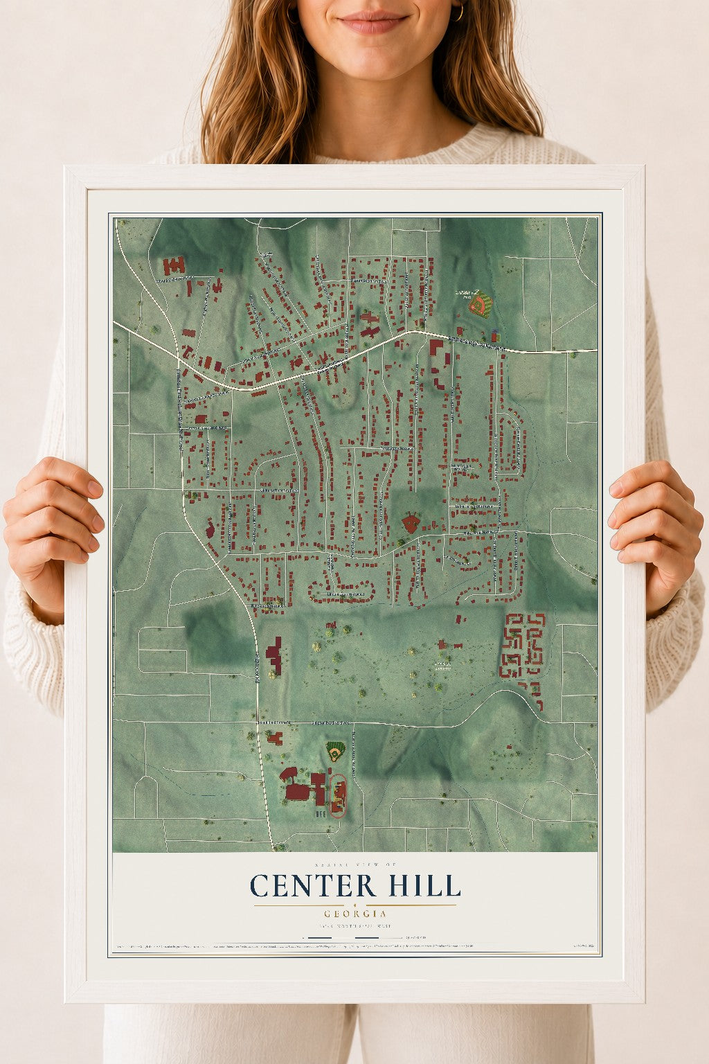 Center Hill, Georgia map print, 18" x 24" W/ White Ayous Wood Frame mockup
