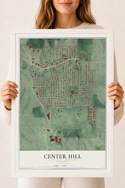 Center Hill, Georgia map print, 18" x 24" W/ White Ayous Wood Frame mockup