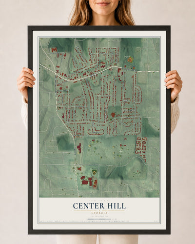 Center Hill, Georgia map print, 24" x 36" W/ Black Ayous Wood Frame mockup