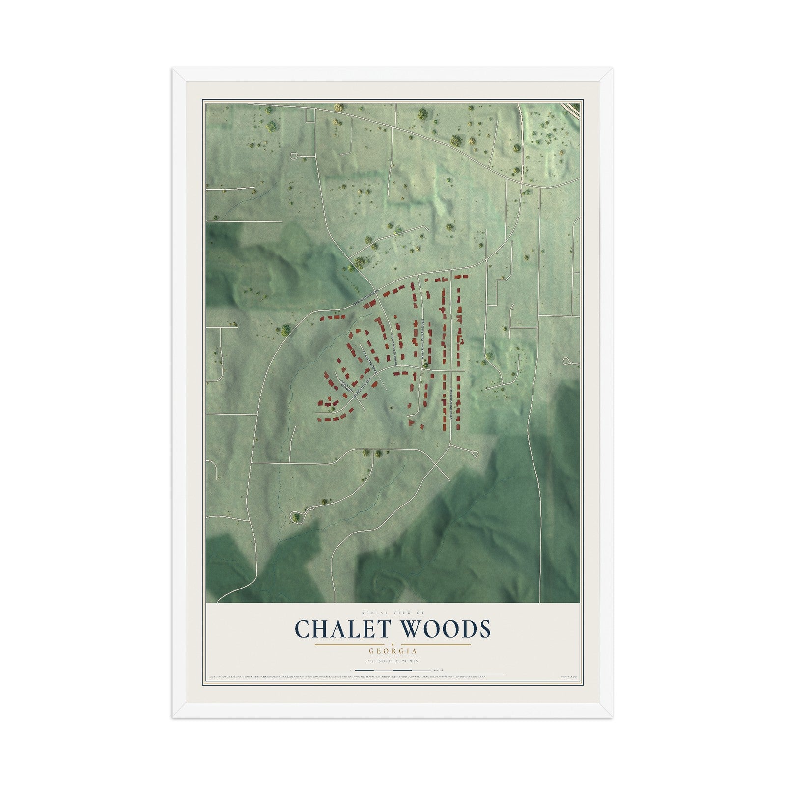 Chalet Woods, Georgia map print, 12" x 18" W/ White Ayous Wood Frame mockup
