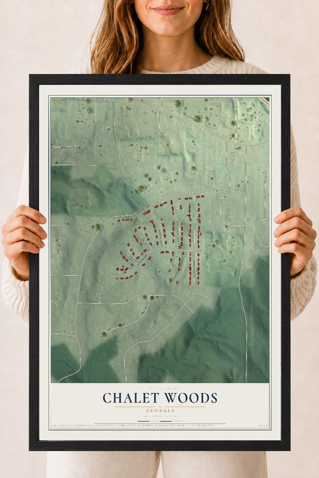 Chalet Woods, Georgia map print, 18" x 24" W/ Black Ayous Wood Frame mockup