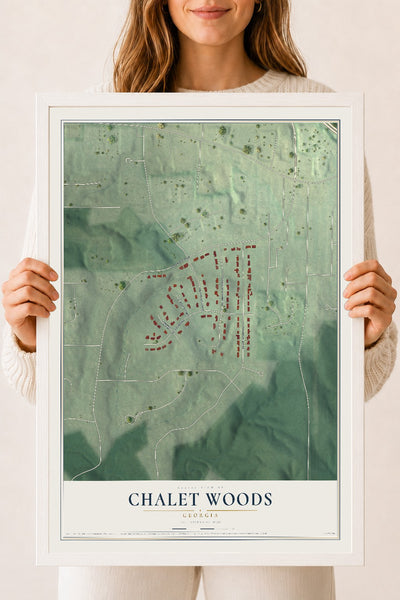 Chalet Woods, Georgia map print, 18" x 24" W/ White Ayous Wood Frame mockup
