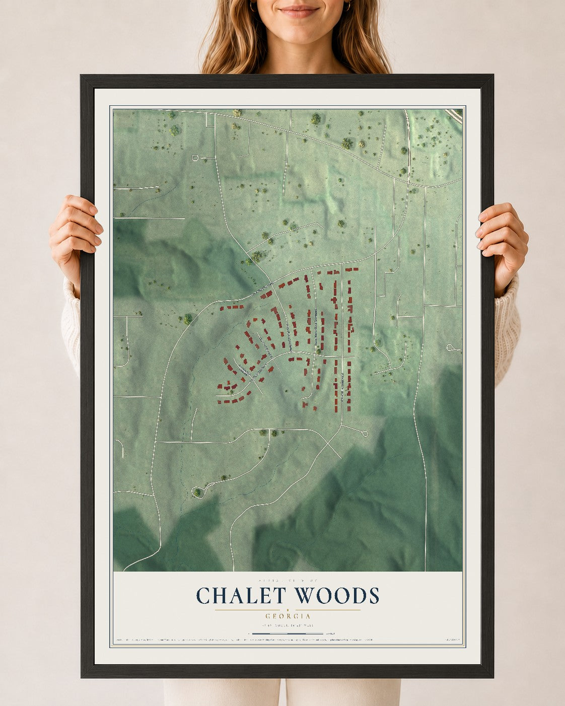 Chalet Woods, Georgia map print, 24" x 36" W/ Black Ayous Wood Frame mockup