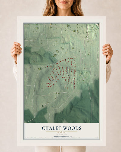 Chalet Woods, Georgia map print, 24" x 36" W/ White Ayous Wood Frame mockup