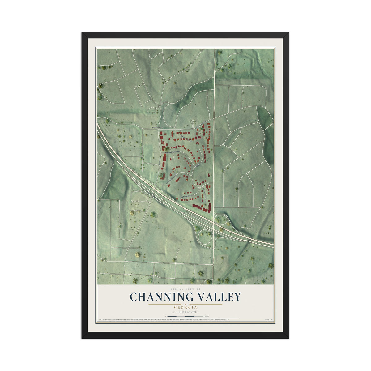 Channing Valley, Georgia map print, 12" x 18" W/ Black Ayous Wood Frame mockup