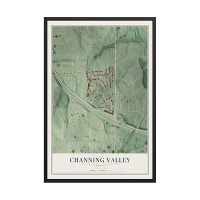 Channing Valley, Georgia map print, 12" x 18" W/ Black Ayous Wood Frame mockup