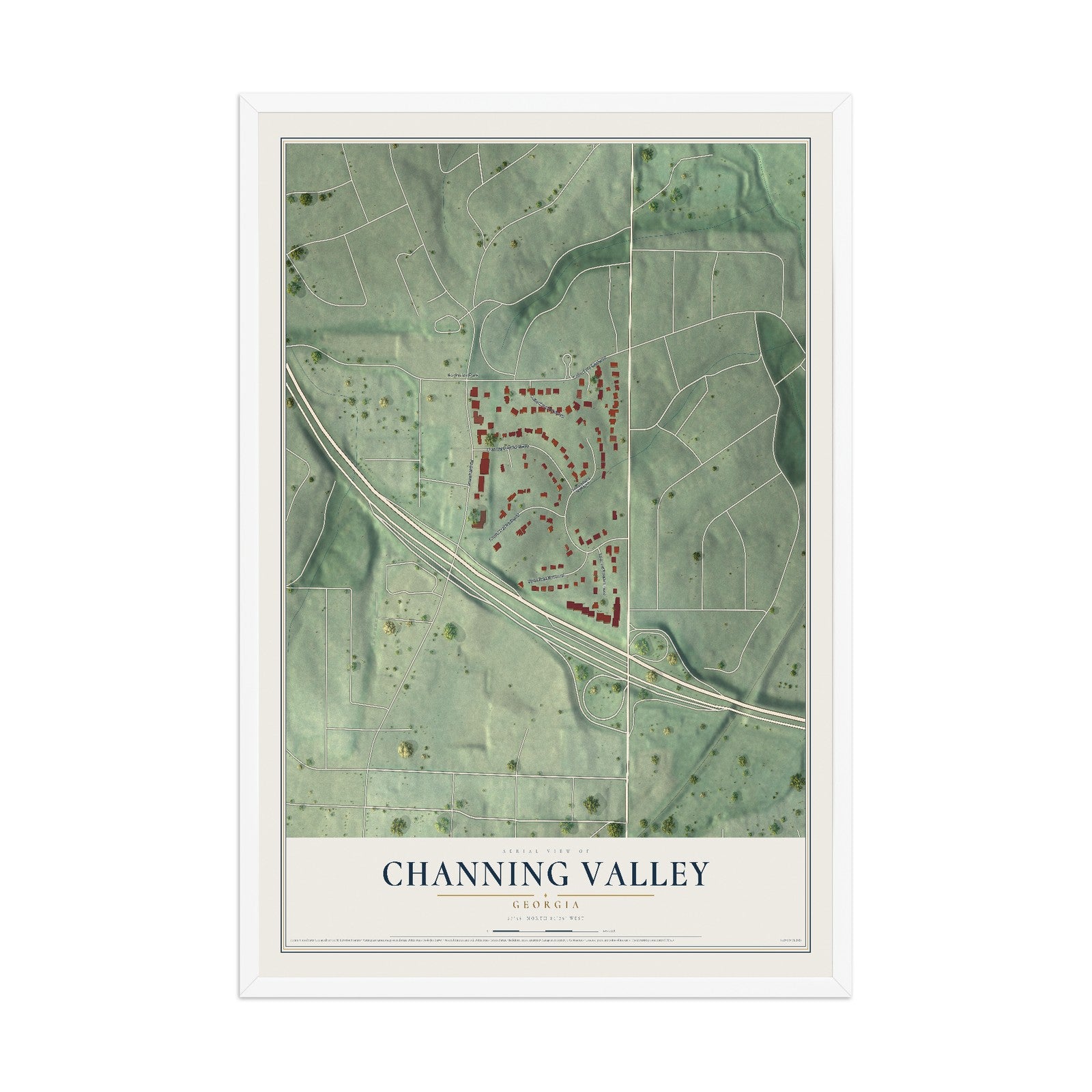 Channing Valley, Georgia map print, 12" x 18" W/ White Ayous Wood Frame mockup