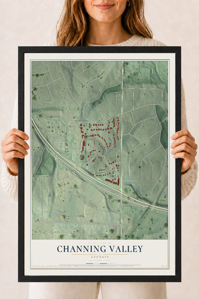 Channing Valley, Georgia map print, 18" x 24" W/ Black Ayous Wood Frame mockup