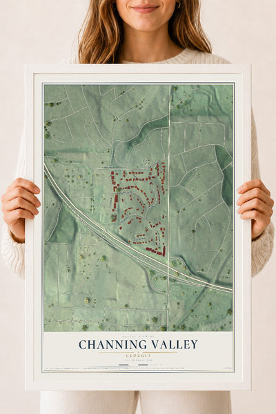 Channing Valley, Georgia map print, 18" x 24" W/ White Ayous Wood Frame mockup