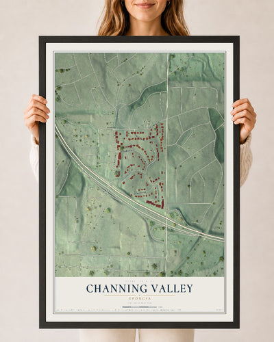 Channing Valley, Georgia map print, 24" x 36" W/ Black Ayous Wood Frame mockup