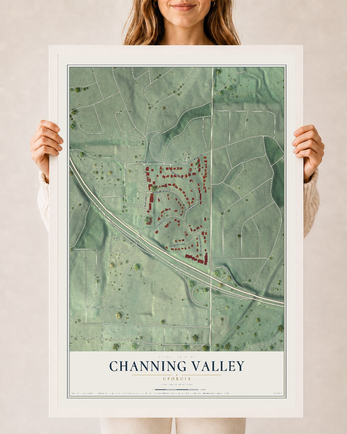 Channing Valley, Georgia map print, 24" x 36" W/ White Ayous Wood Frame mockup