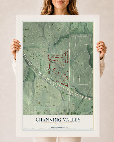 Channing Valley, Georgia map print, 24" x 36" W/ White Ayous Wood Frame mockup