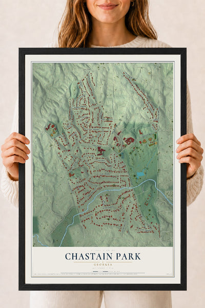 Chastain Park, Georgia map print, 18" x 24" W/ Black Ayous Wood Frame mockup