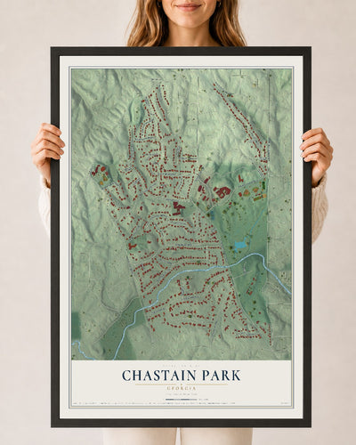 Chastain Park, Georgia map print, 24" x 36" W/ Black Ayous Wood Frame mockup