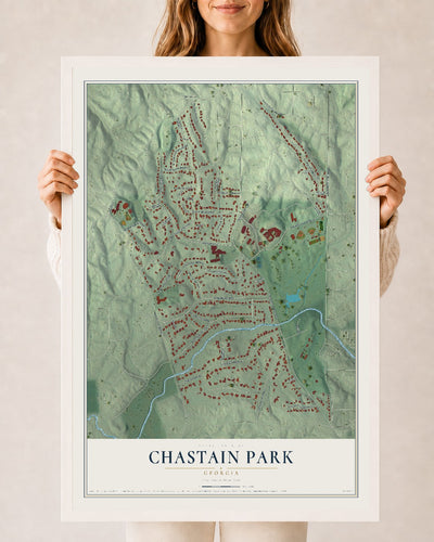 Chastain Park, Georgia map print, 24" x 36" W/ White Ayous Wood Frame mockup